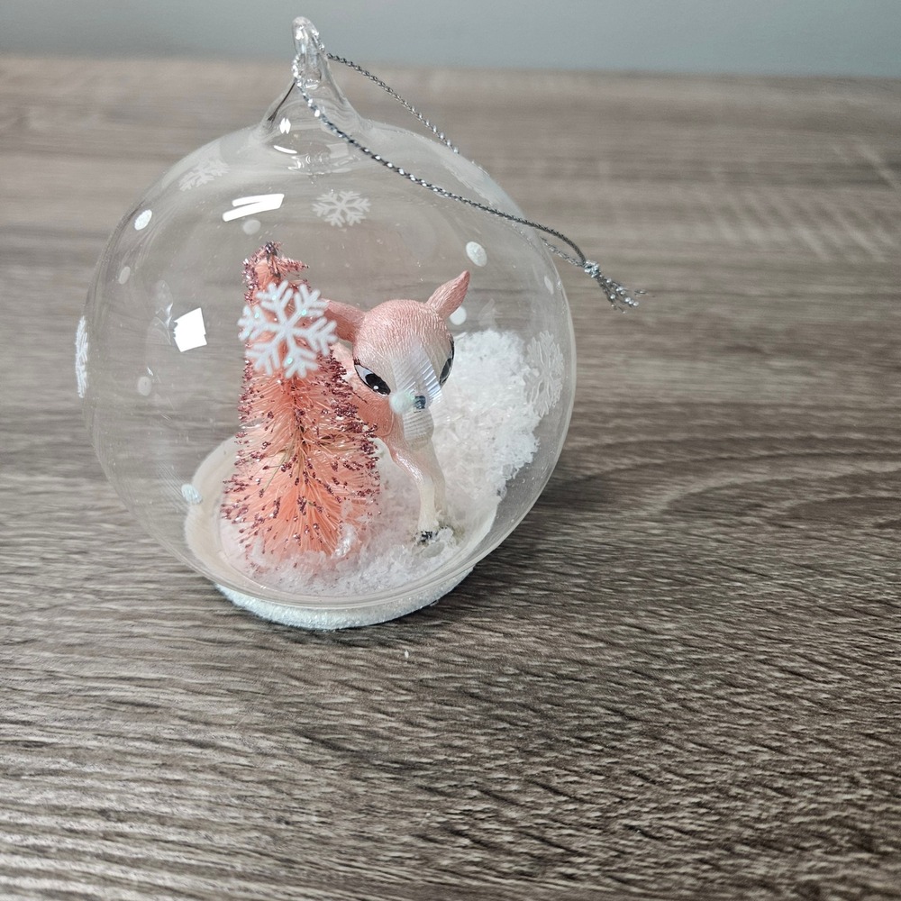 Pink Deer Bottle Brush Tree Glass Ball Christmas Ornament Winter Snowflake Globe